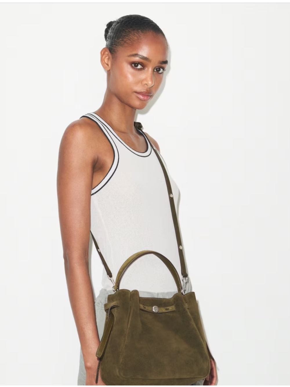 Tory Burch Romy Suede Dark Olive Suede Bucketww Bag READ DESCRIPTION